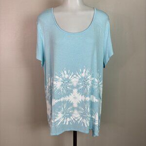 Chico's Top 3 Women's XL Blue Tie-Dye Rhinestone Short Sleeve Stretch Casual